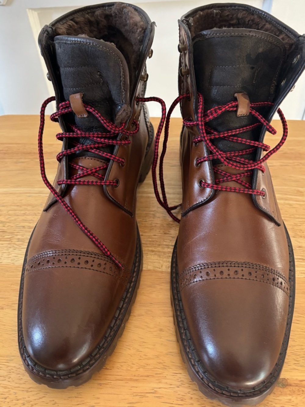 Men's Johnston & Murphy Brown Leather Cap-Toe Boots with Genuine Shearling 10